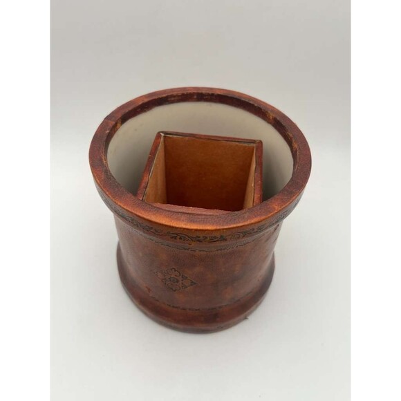 Vintage Selleria Lastra Italian Leather Humidor Tobacco Jar Ceramic Lined - Picture 7 of 9